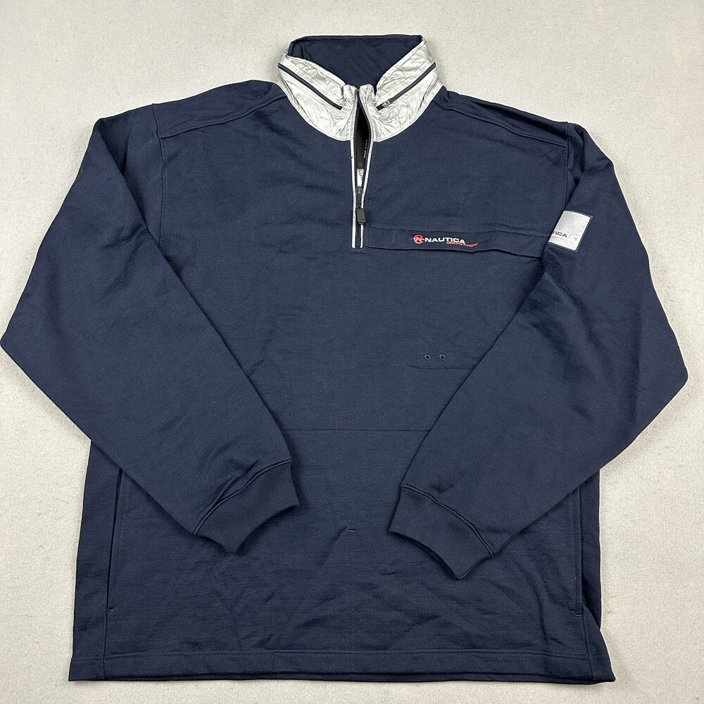 Vintage Nautica Competition Jacket Men XL Blue 1/4 Zip Hood Pocket Y2K Deadstock